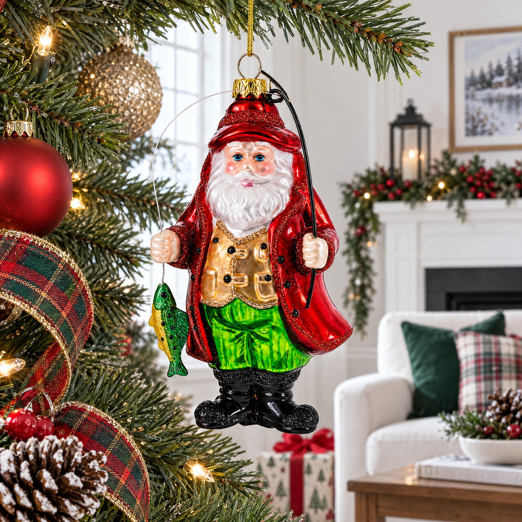 Angler Santa with Catch of the Day Glass Christmas Ornament