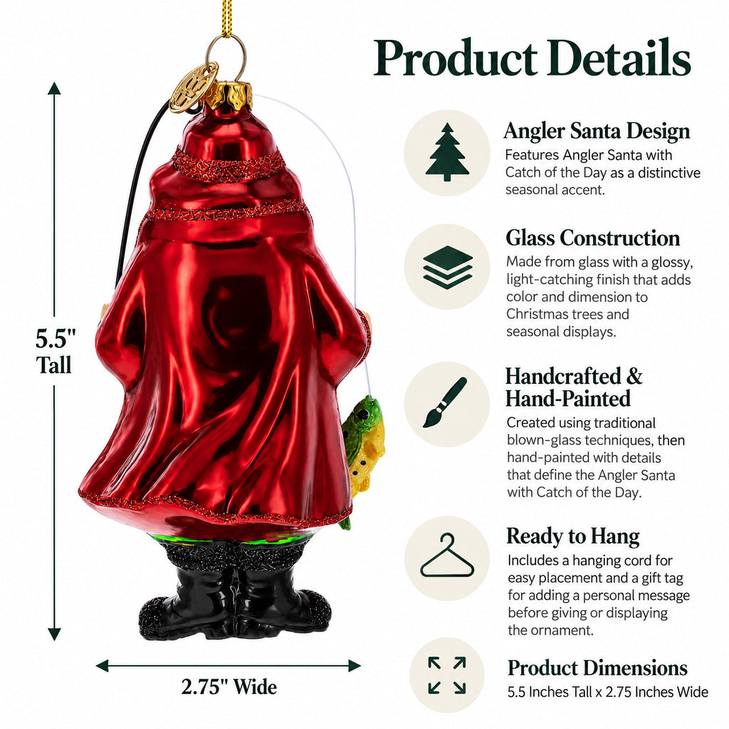 Angler Santa with Catch of the Day Glass Christmas Ornament
