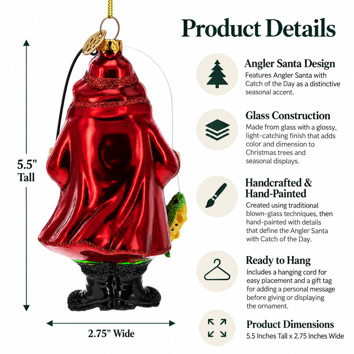 Angler Santa with Catch of the Day Glass Christmas Ornament
