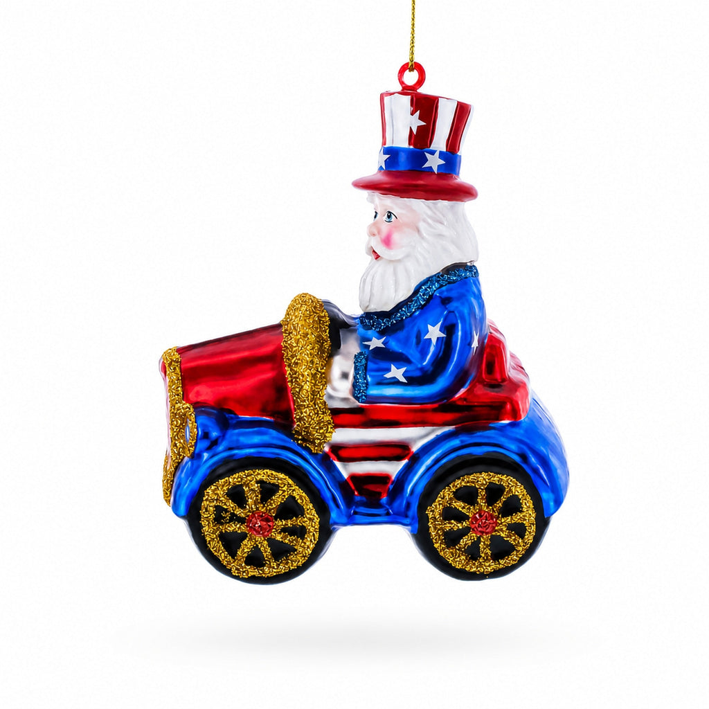 Uncle Sam Santa Driving a Car Glass Christmas Ornament