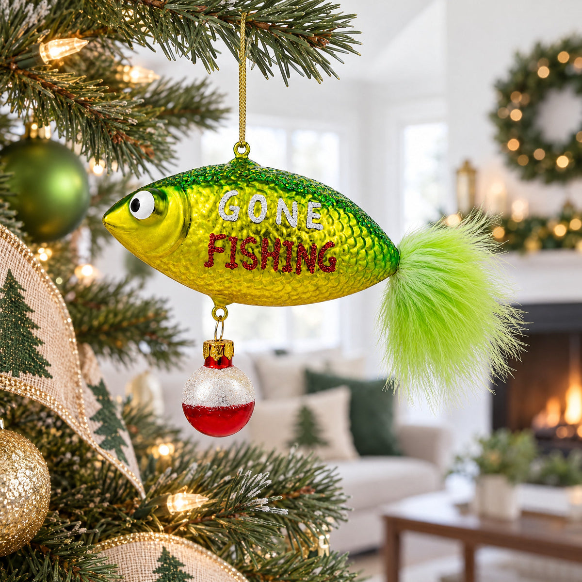 Gone Fishing Glass Christmas Ornament