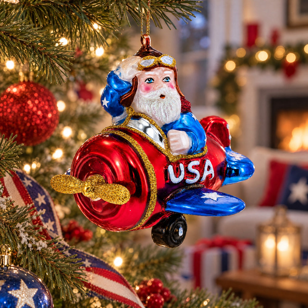 Pilot Santa in Airplane Glass Christmas Ornament
