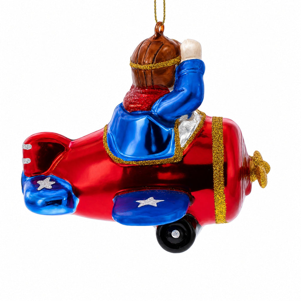 Pilot Santa in Airplane Glass Christmas Ornament