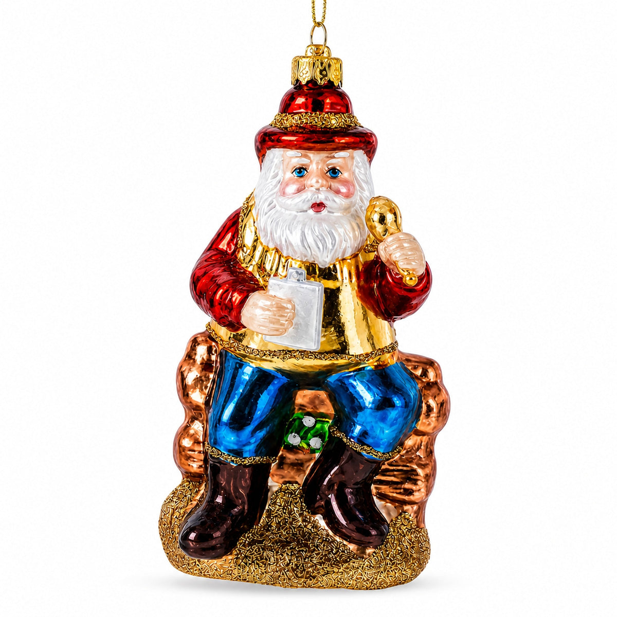 Cowboy Santa with Drink and Drumstick Glass Christmas Ornament