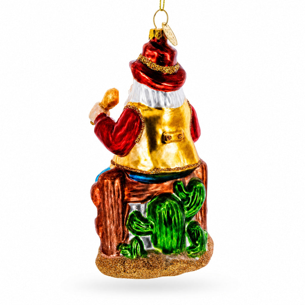 Cowboy Santa with Drink and Drumstick Glass Christmas Ornament