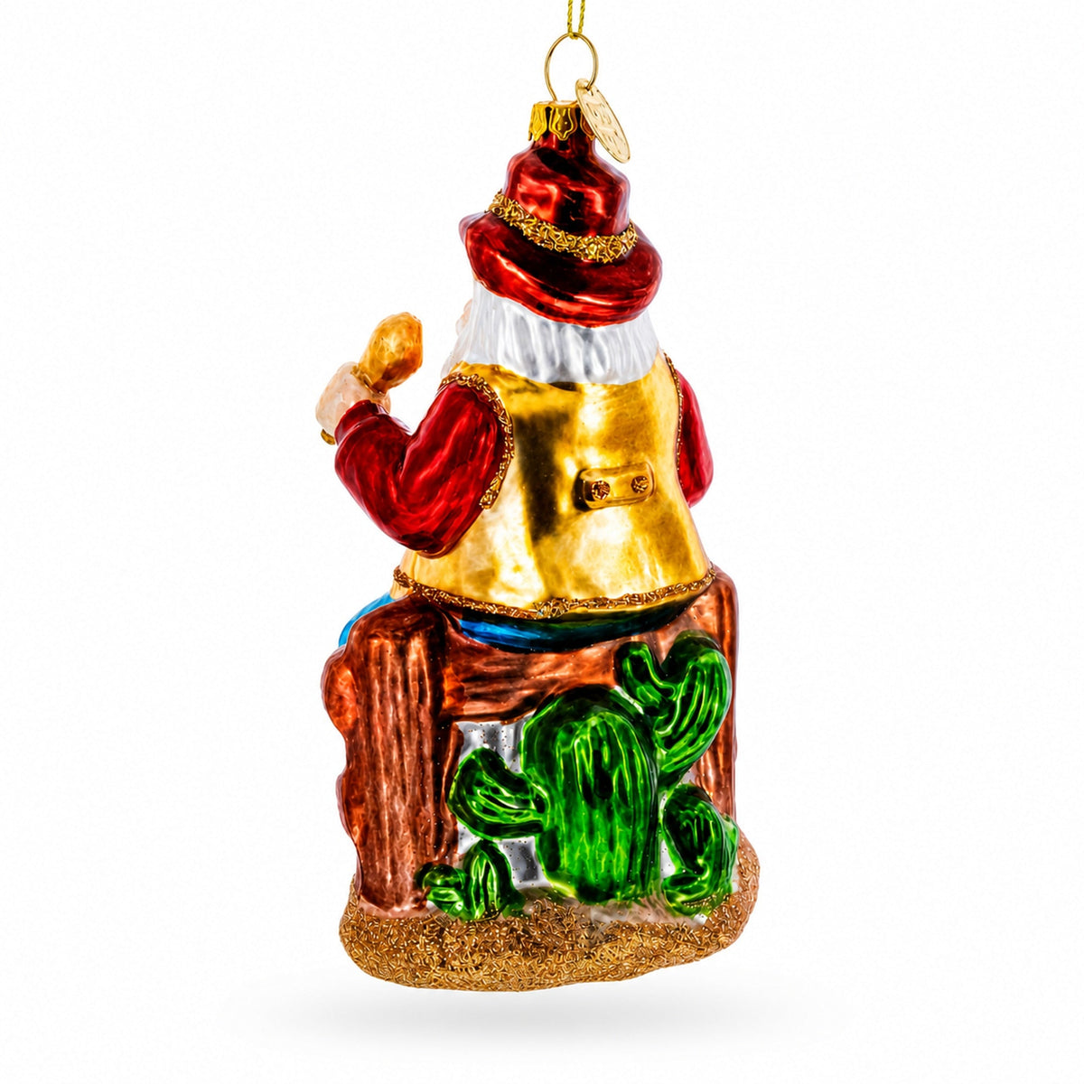 Cowboy Santa with Drink and Drumstick Glass Christmas Ornament