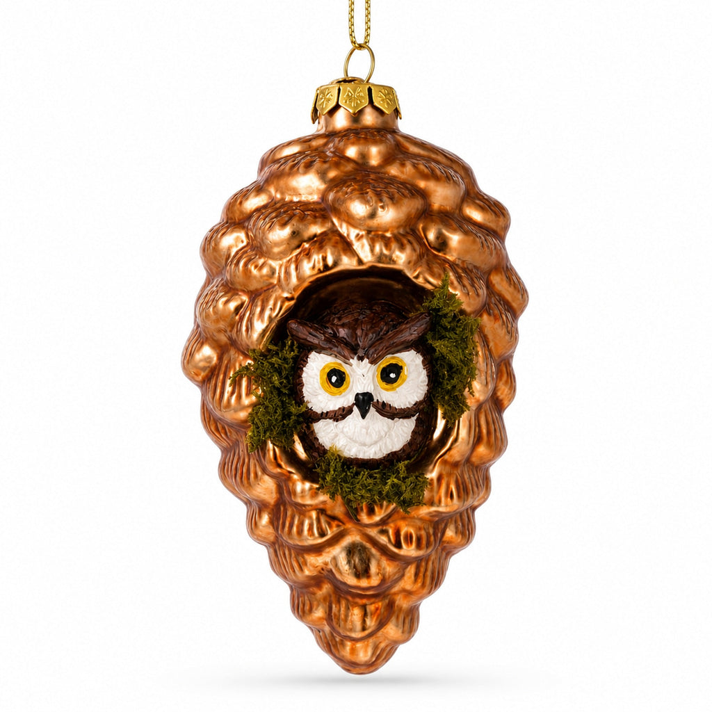 Wise Owl Nestled in Pine Cone Glass Christmas Ornament