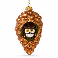 Wise Owl Nestled in Pine Cone Glass Christmas Ornament