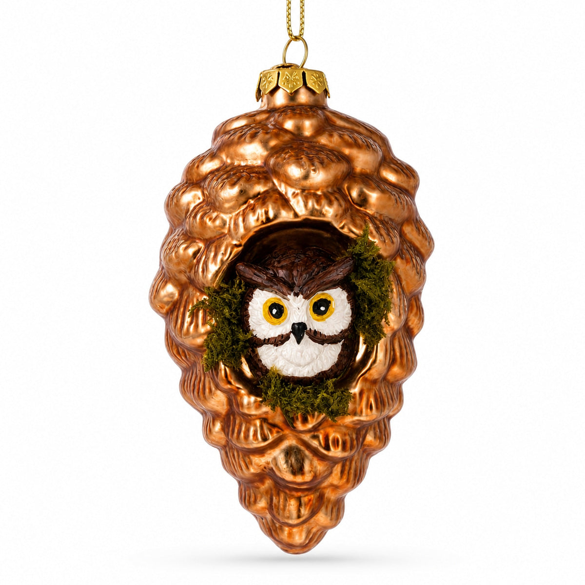Wise Owl Nestled in Pine Cone Glass Christmas Ornament