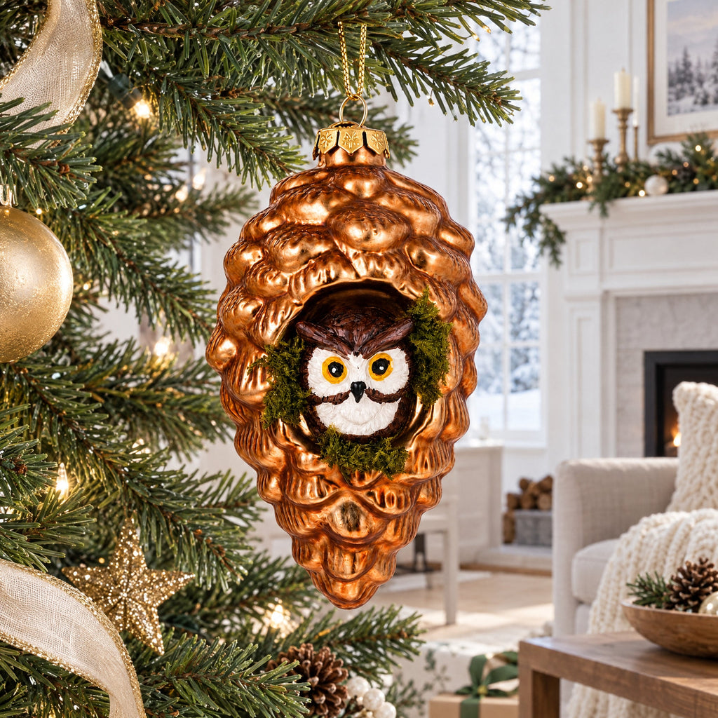 Wise Owl Nestled in Pine Cone Glass Christmas Ornament