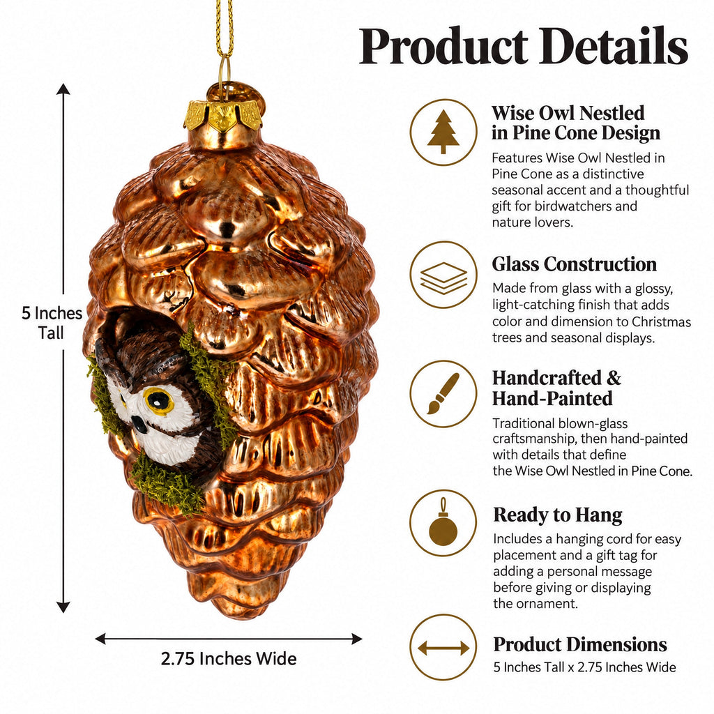Wise Owl Nestled in Pine Cone Glass Christmas Ornament