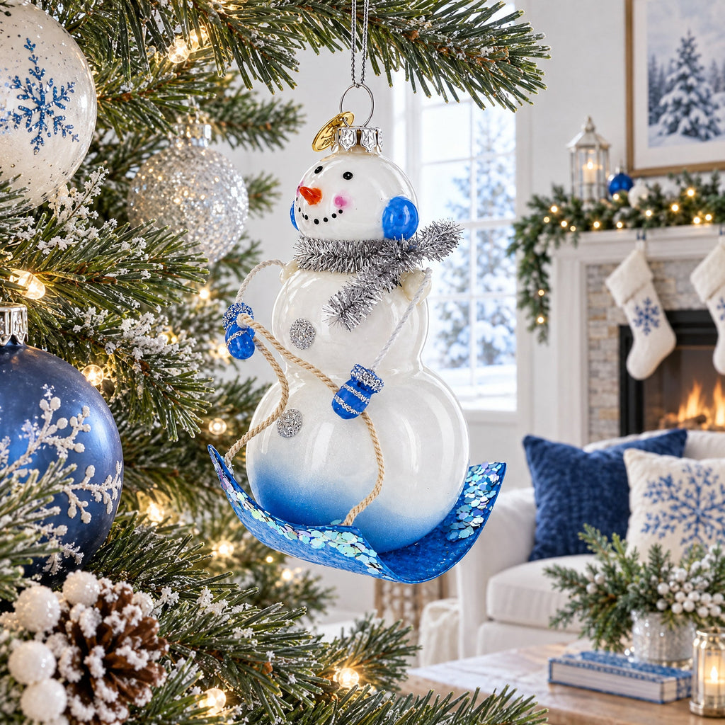 Snowman Riding a Sled Glass Christmas Ornament