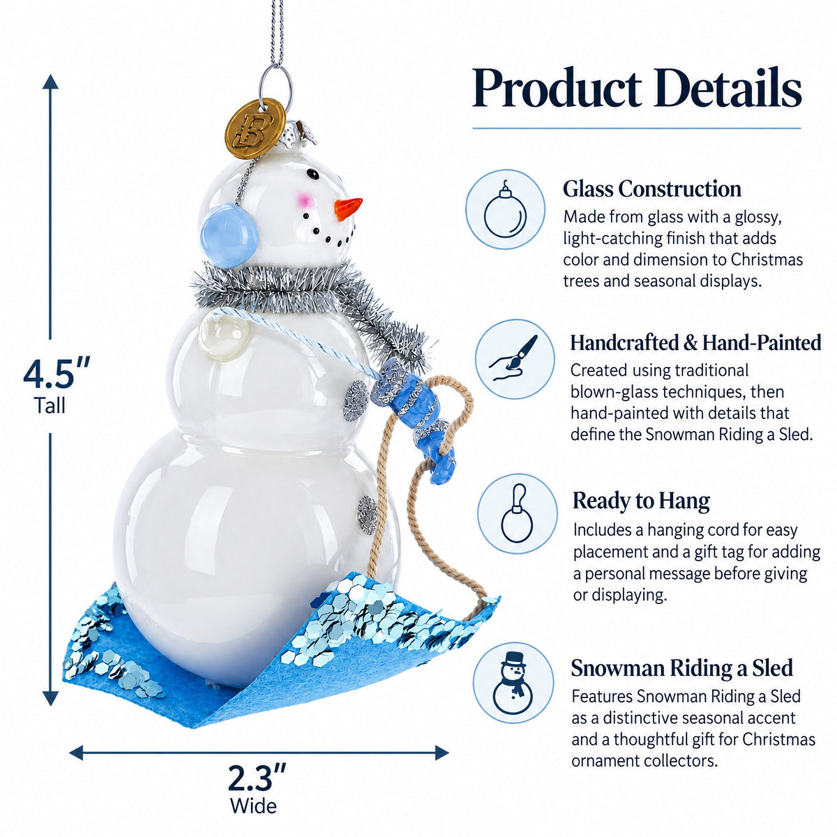 Snowman Riding a Sled Glass Christmas Ornament