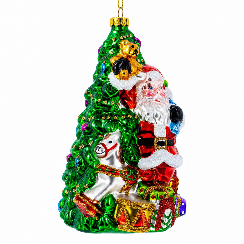 Santa with Christmas Tree and Gifts Glass Ornament