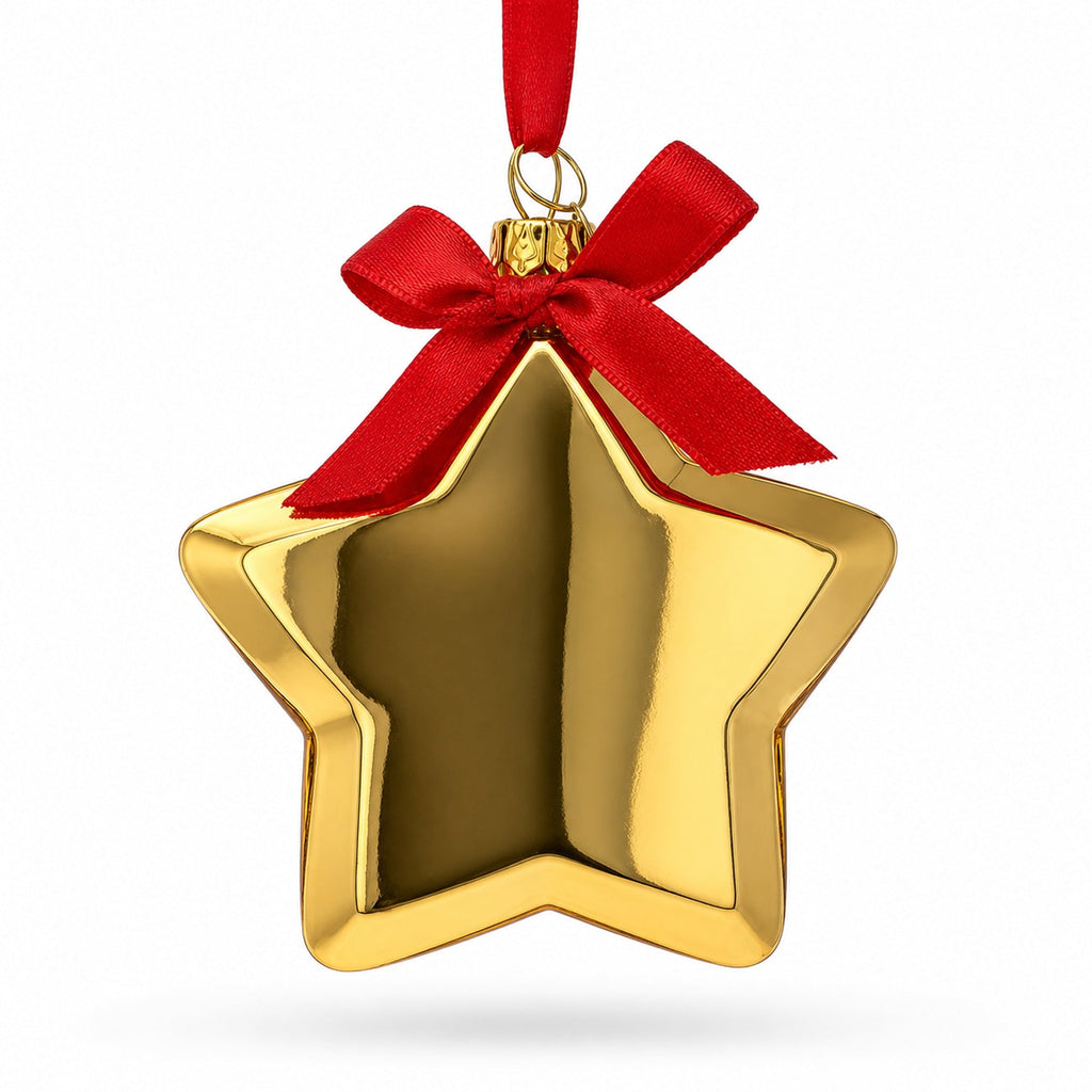 Golden Star Adorned with Red Bow Glass Christmas Ornament