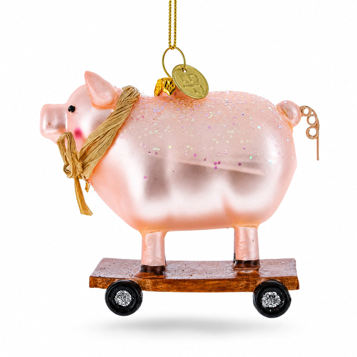 Pig Riding a Skateboard Glass Christmas Ornament