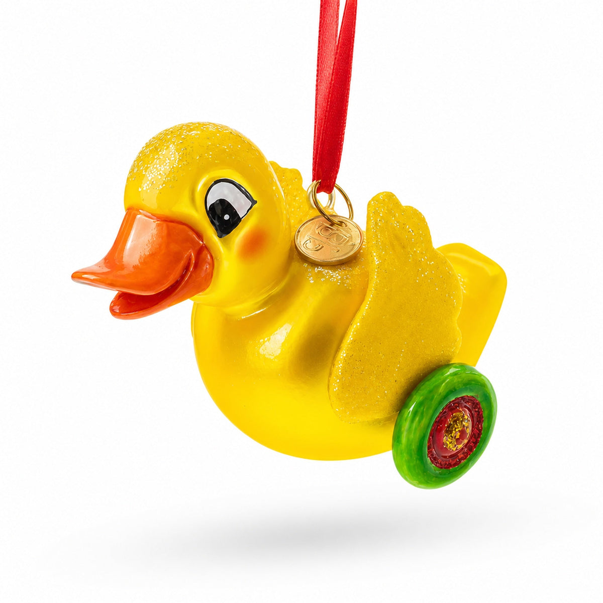 Yellow Duck Rolling on Wheels Glass Christmas Ornament