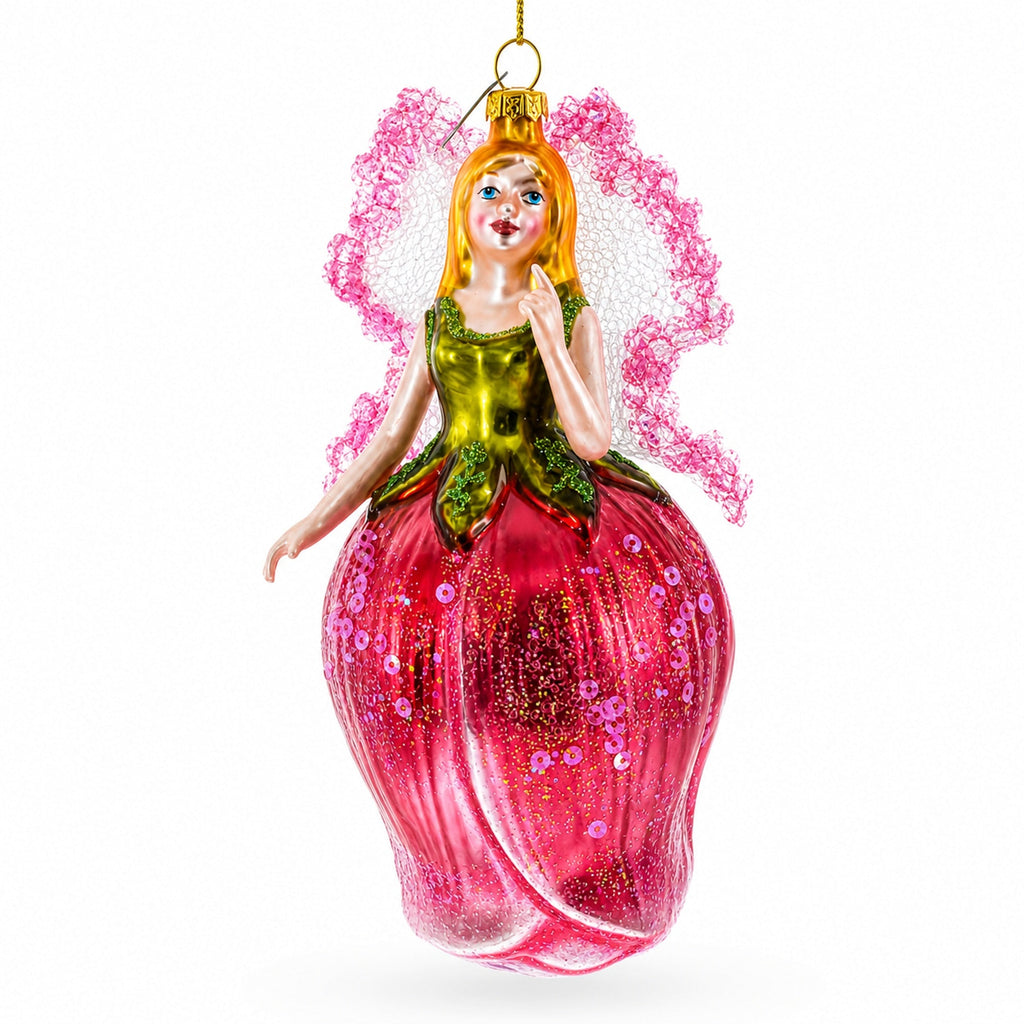 Enchanting Fairy in a Rose Dress Glass Christmas Ornament