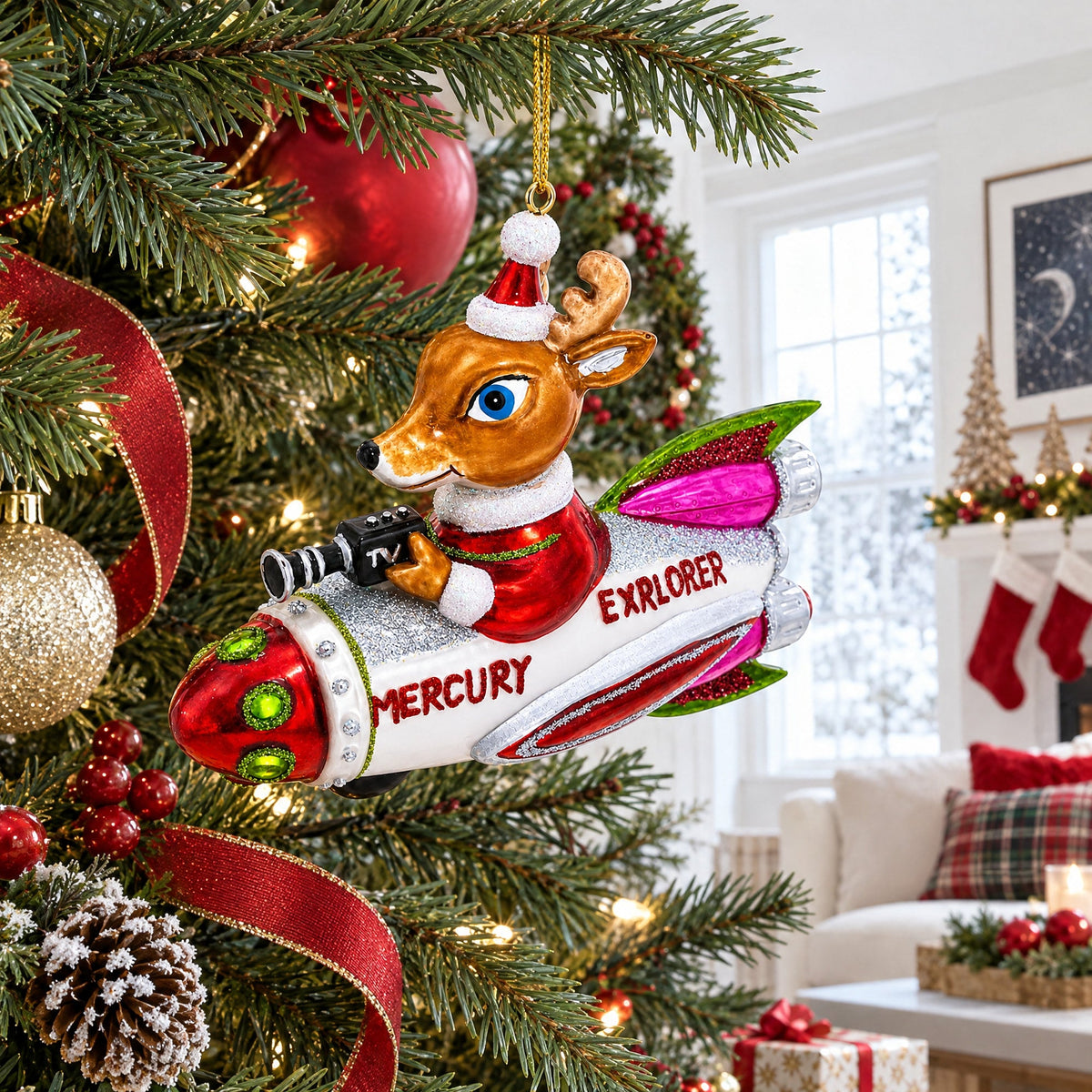 Deer Cameraman Aboard Space Rocket Glass Christmas Ornament