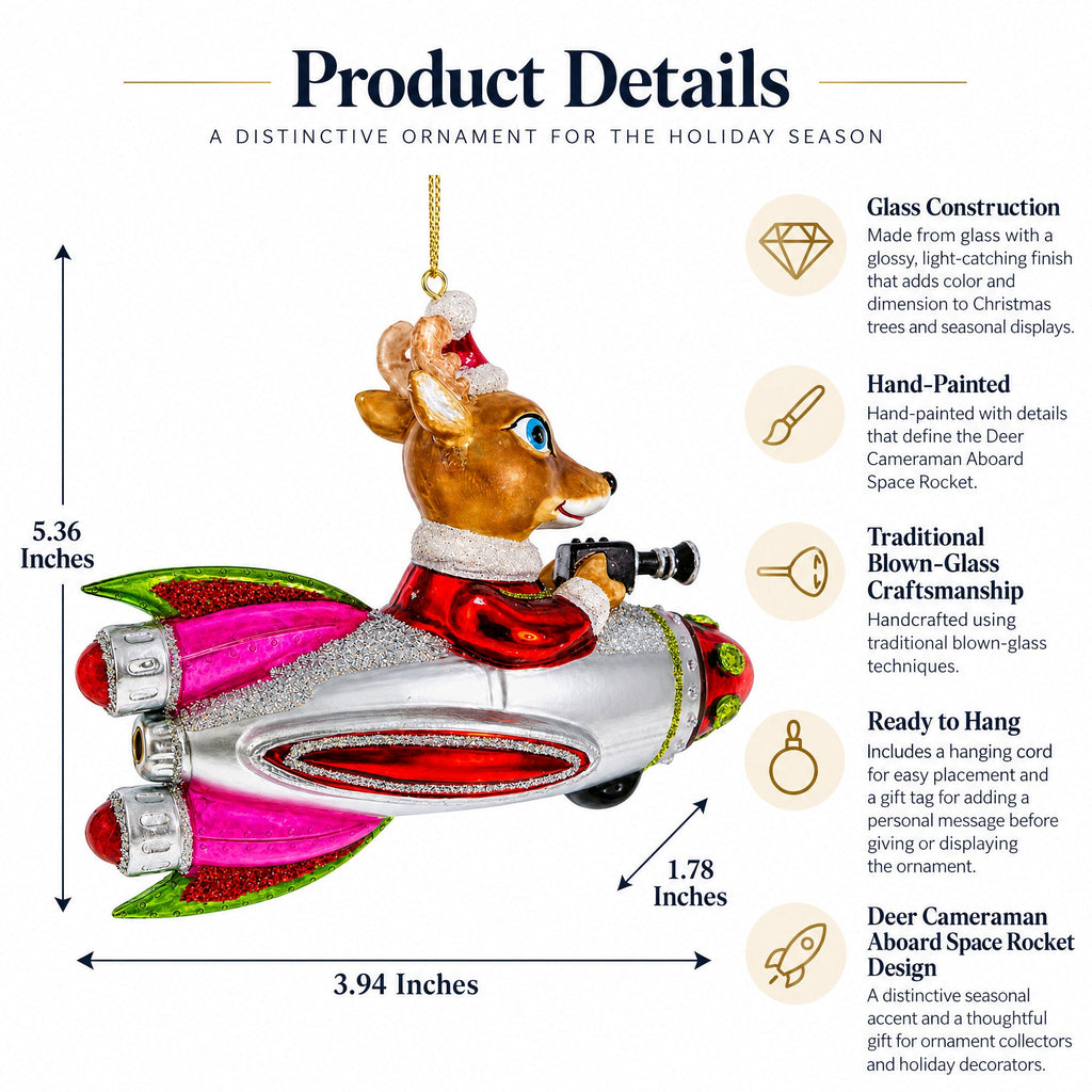 Deer Cameraman Aboard Space Rocket Glass Christmas Ornament