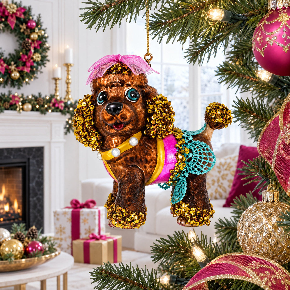 Poodle Glass Christmas Ornament