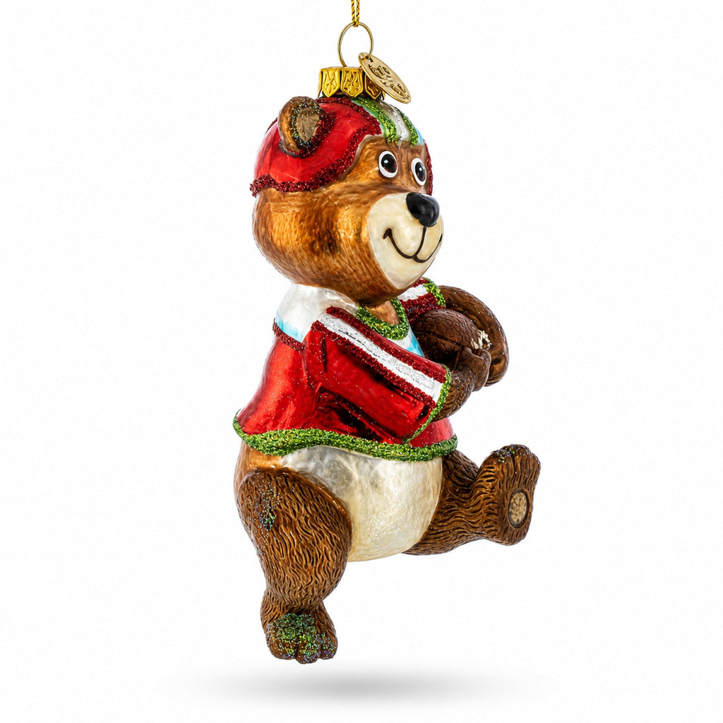 Bear Engaged in Football Glass Christmas Ornament