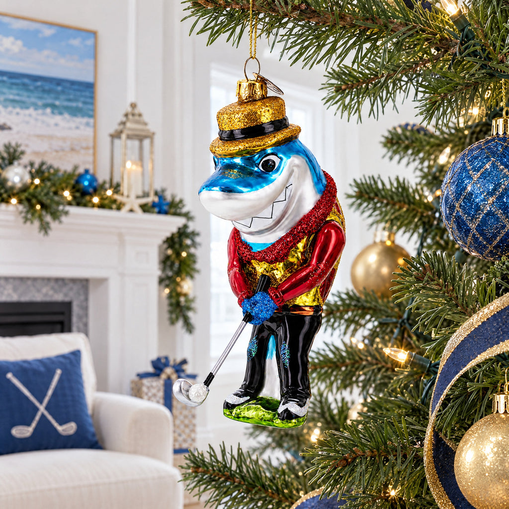 Shark Playing Golf Glass Christmas Ornament