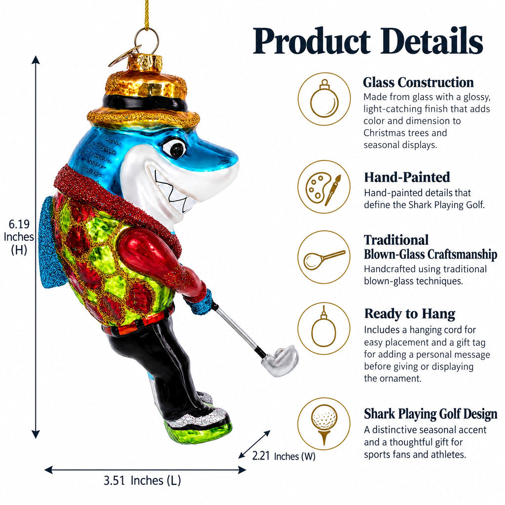 Shark Playing Golf Glass Christmas Ornament
