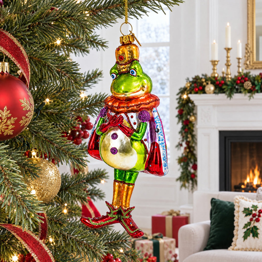 Frog King Donned in Robe Glass Christmas Ornament