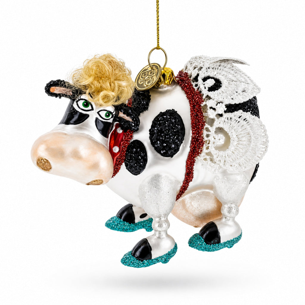 Blonde Hair Glam Cow Glass Christmas Ornament