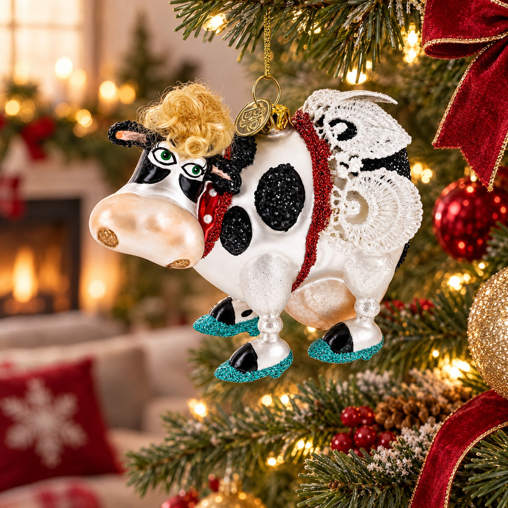 Blonde Hair Glam Cow Glass Christmas Ornament