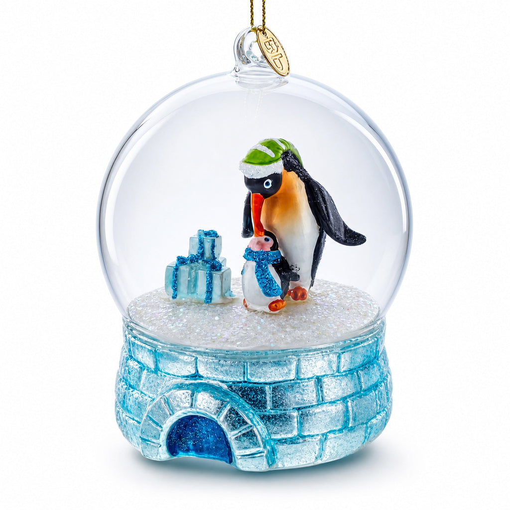 Penguins in the Igloo Dome Glass Christmas Ornament