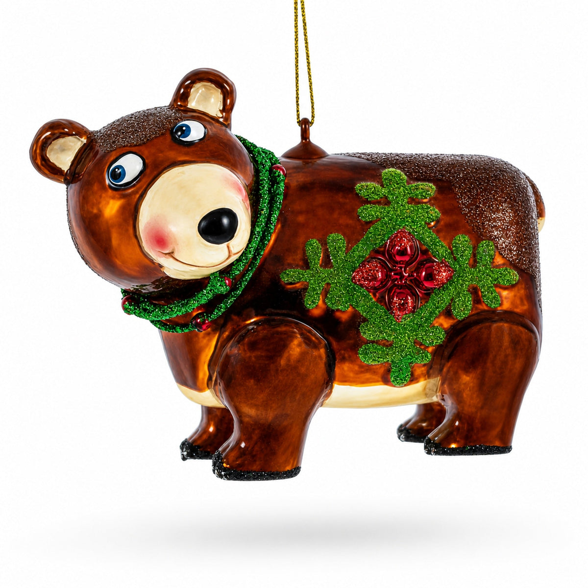 Brown Bear Holding a Poinsettia Glass Christmas Ornament