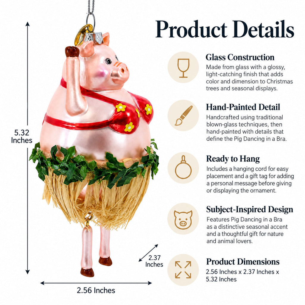 Pig Dancing in a Bra Glass Christmas Ornament