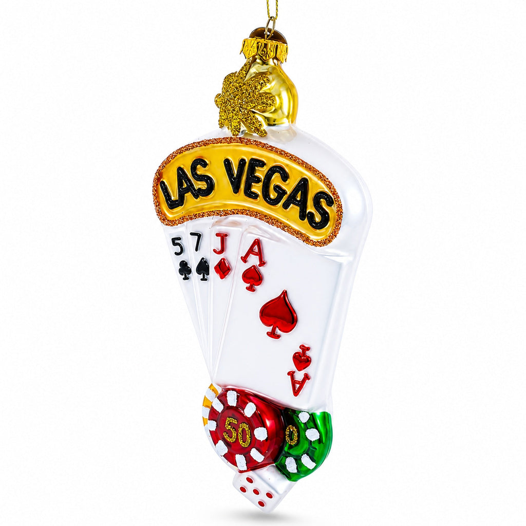 Las Vegas Casino with Playing Cards & Chips Glass Christmas Ornament
