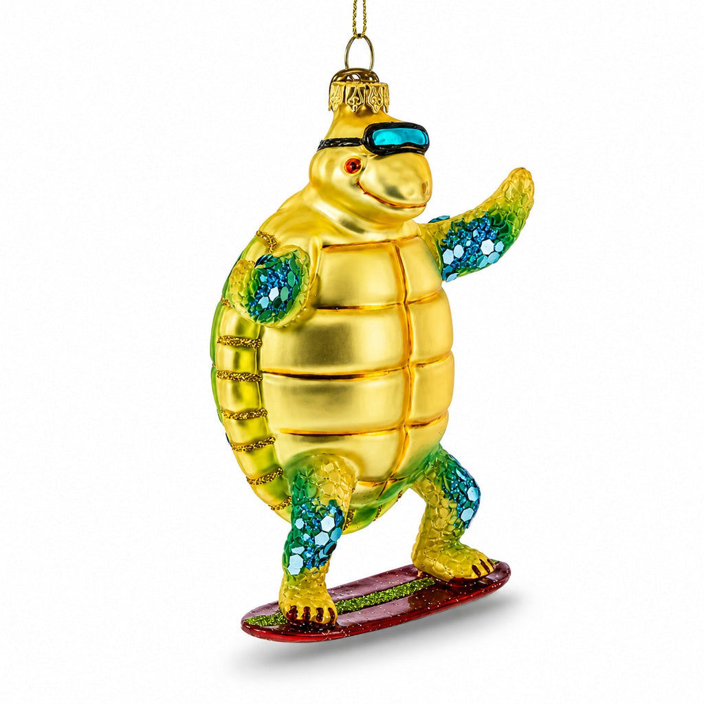 Turtle Surfing Glass Christmas Ornament