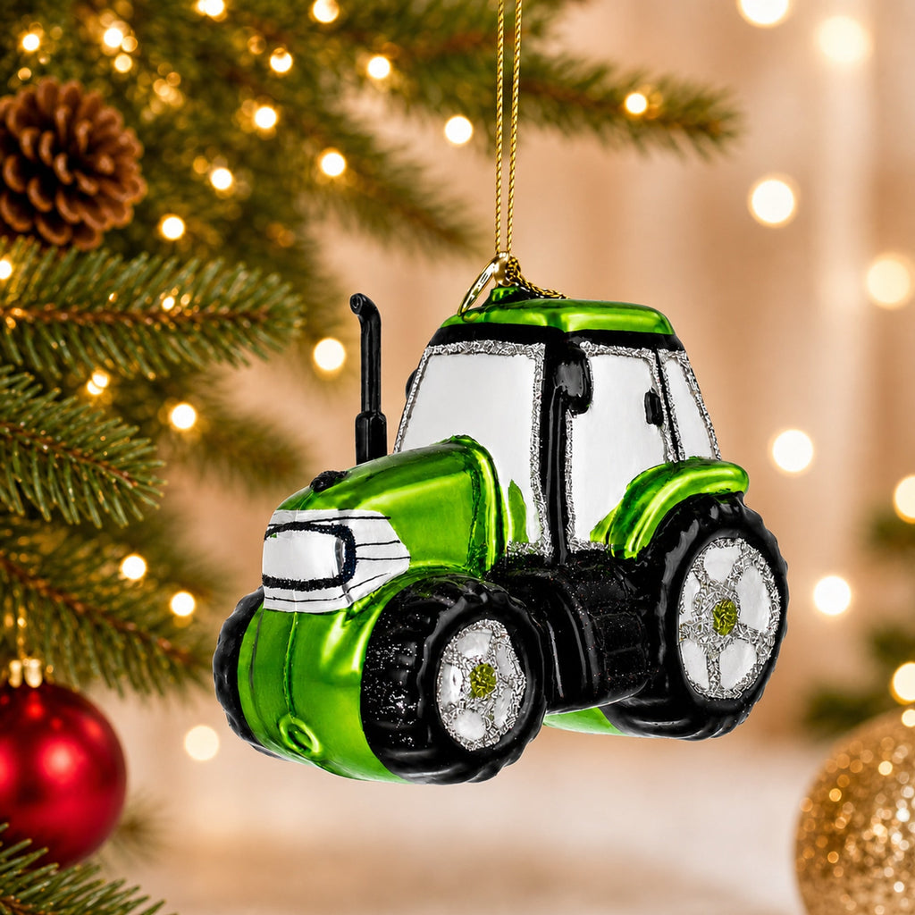Rustic Green Tractor Glass Christmas Ornament