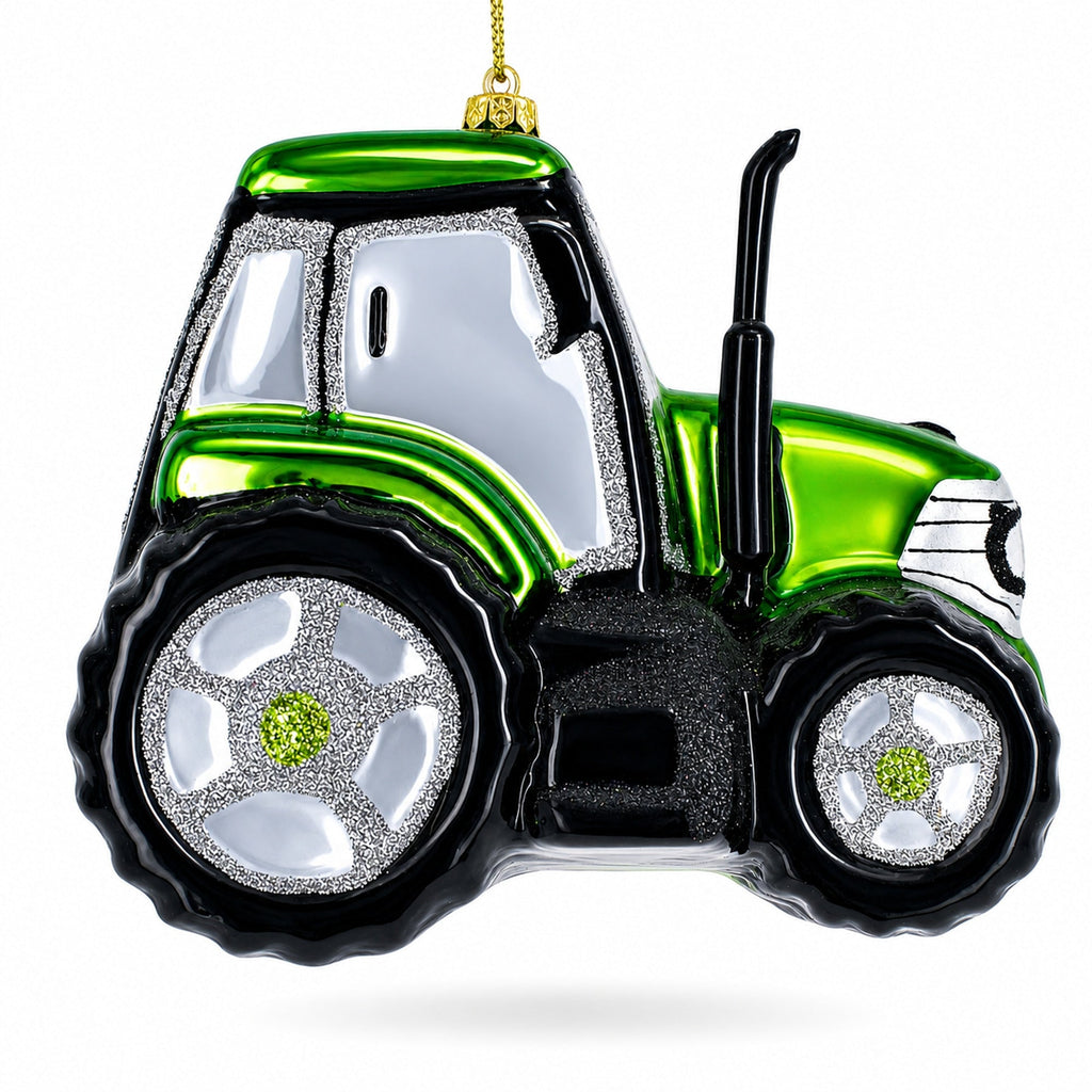 Rustic Green Tractor Glass Christmas Ornament