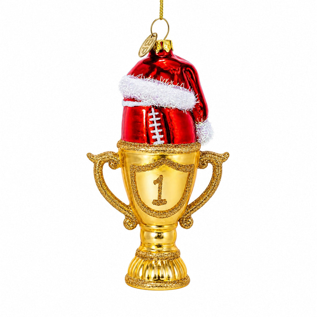 Football Trophy in Santa Hat Glass Christmas Ornament