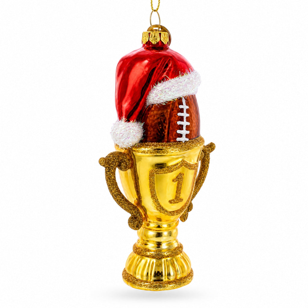 Football Trophy in Santa Hat Glass Christmas Ornament