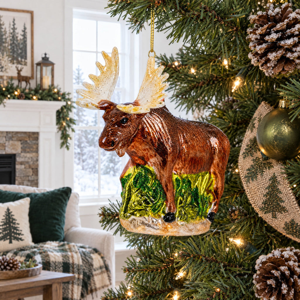 Moose on Green Woodland Glass Christmas Ornament