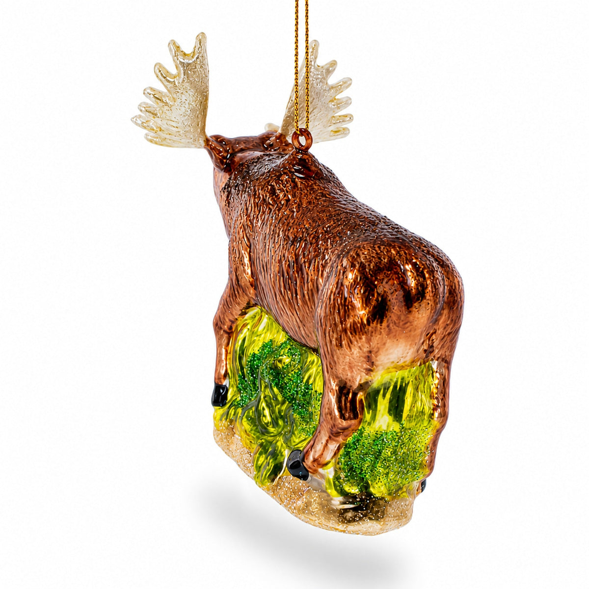 Moose on Green Woodland Glass Christmas Ornament
