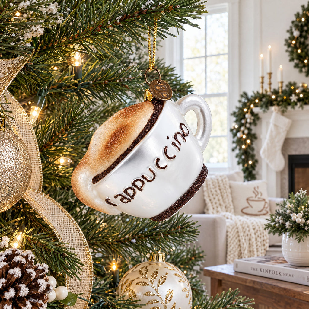 Steaming Cappuccino Cup Glass Christmas Ornament