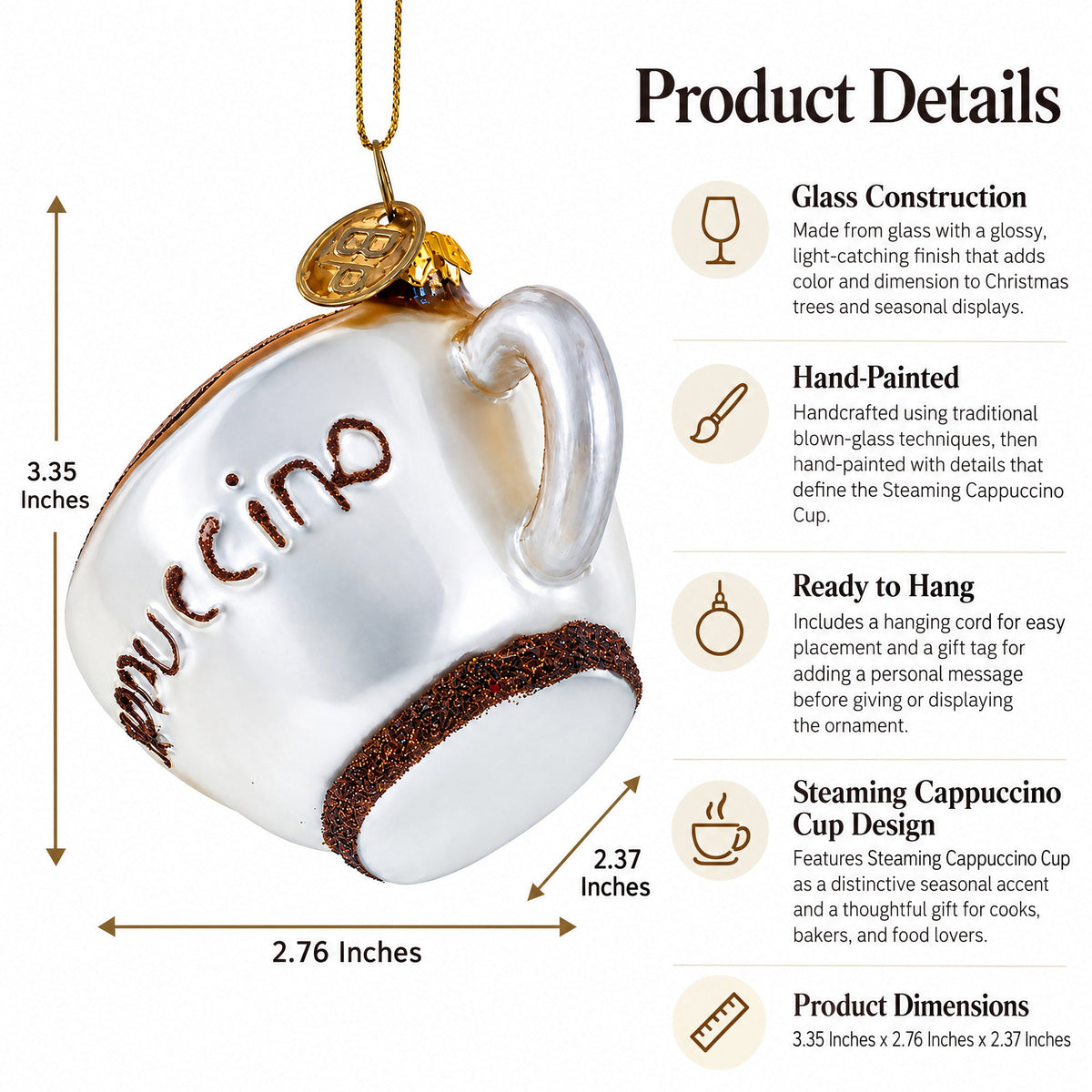 Steaming Cappuccino Cup Glass Christmas Ornament