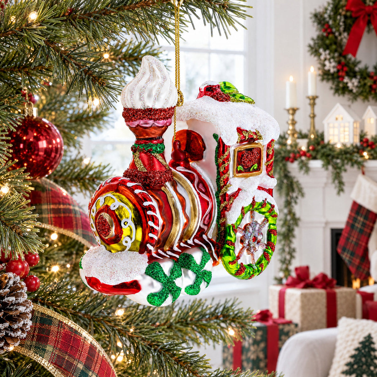 Candy Cane Train Glass Christmas Ornament