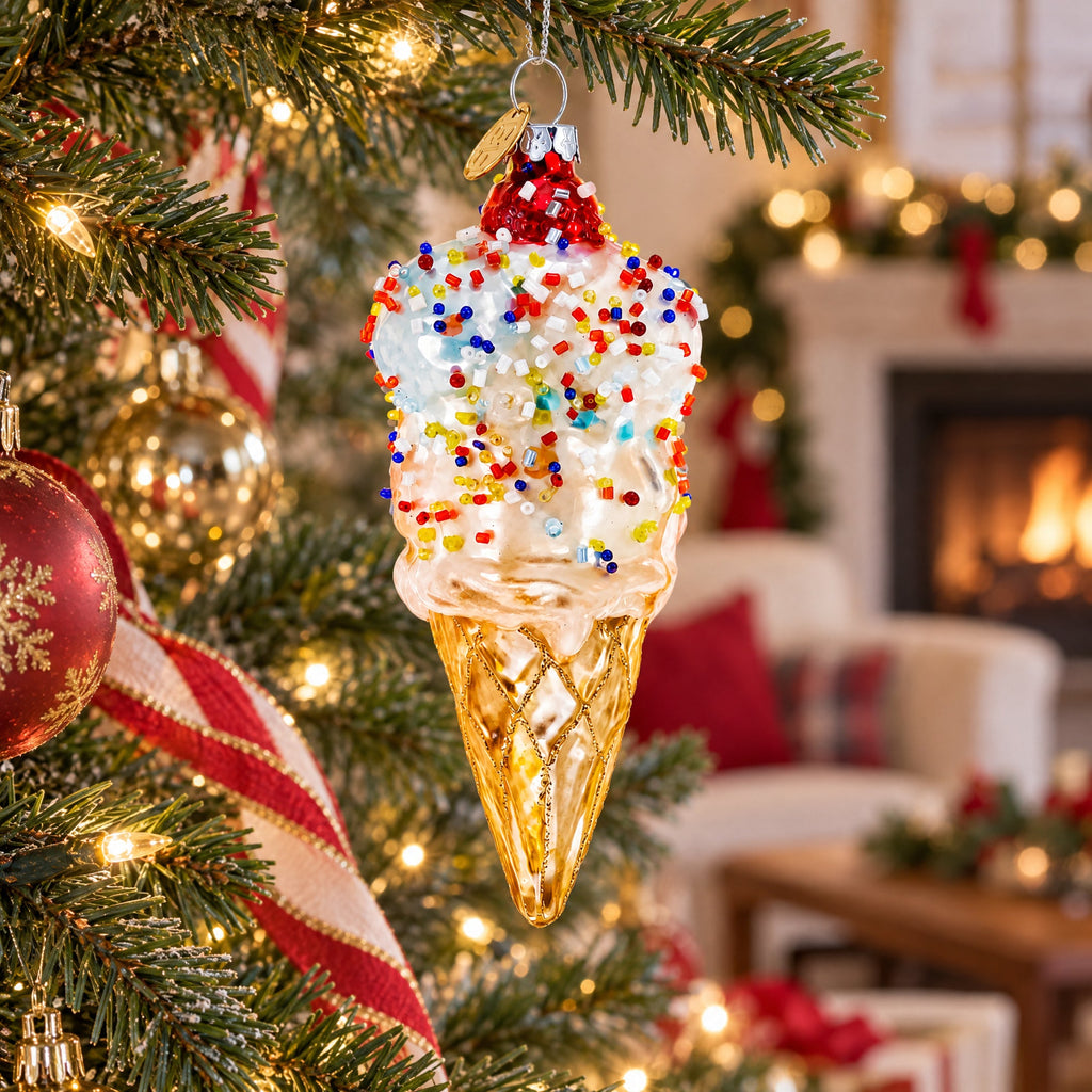 Sprinkled Ice Cream Cone Glass Christmas Ornament