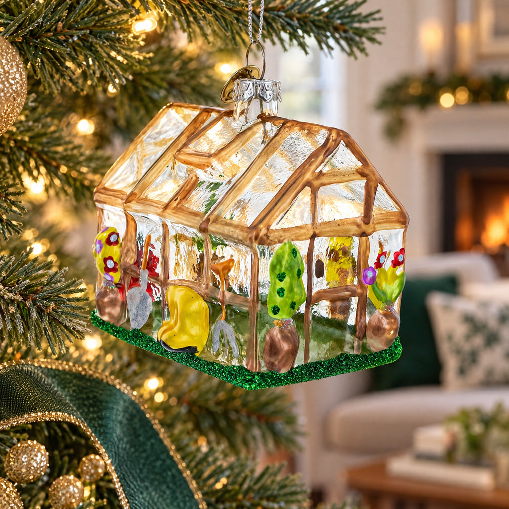 Greenhouse and Gardener Tools Glass Christmas Ornament