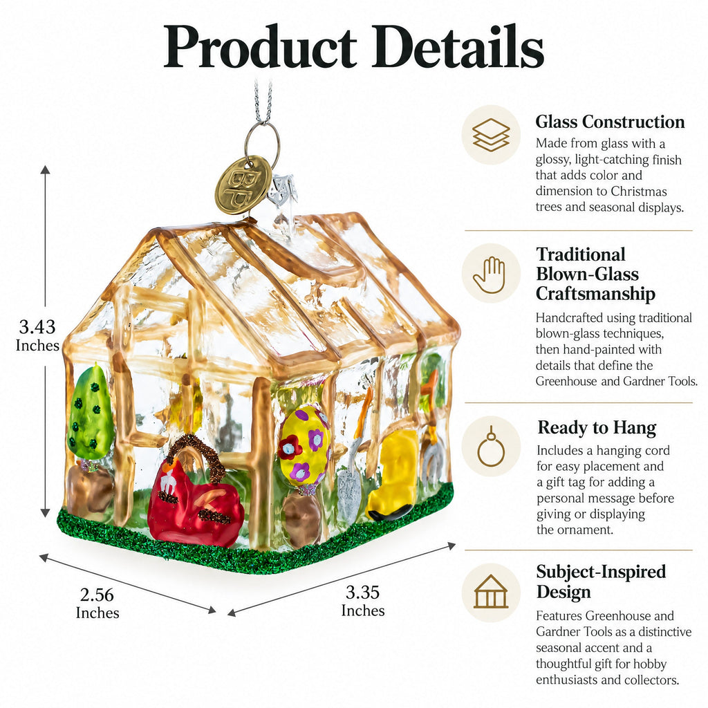 Greenhouse and Gardener Tools Glass Christmas Ornament
