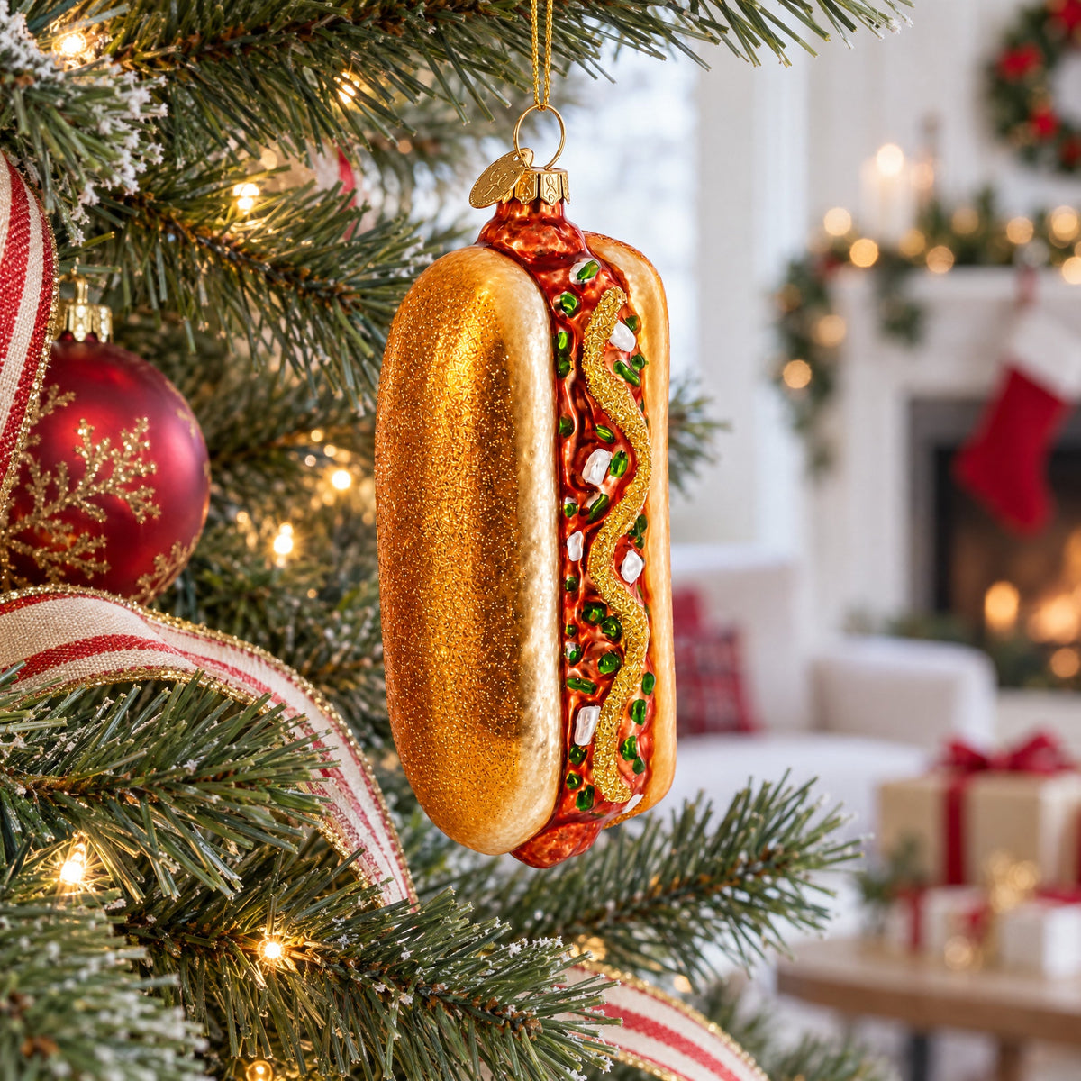 Hot Dog with Mustard Glass Christmas Ornament