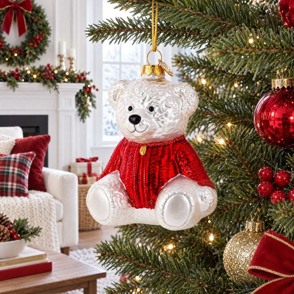 White Teddy Bear in Red Sweater Glass Christmas Ornament